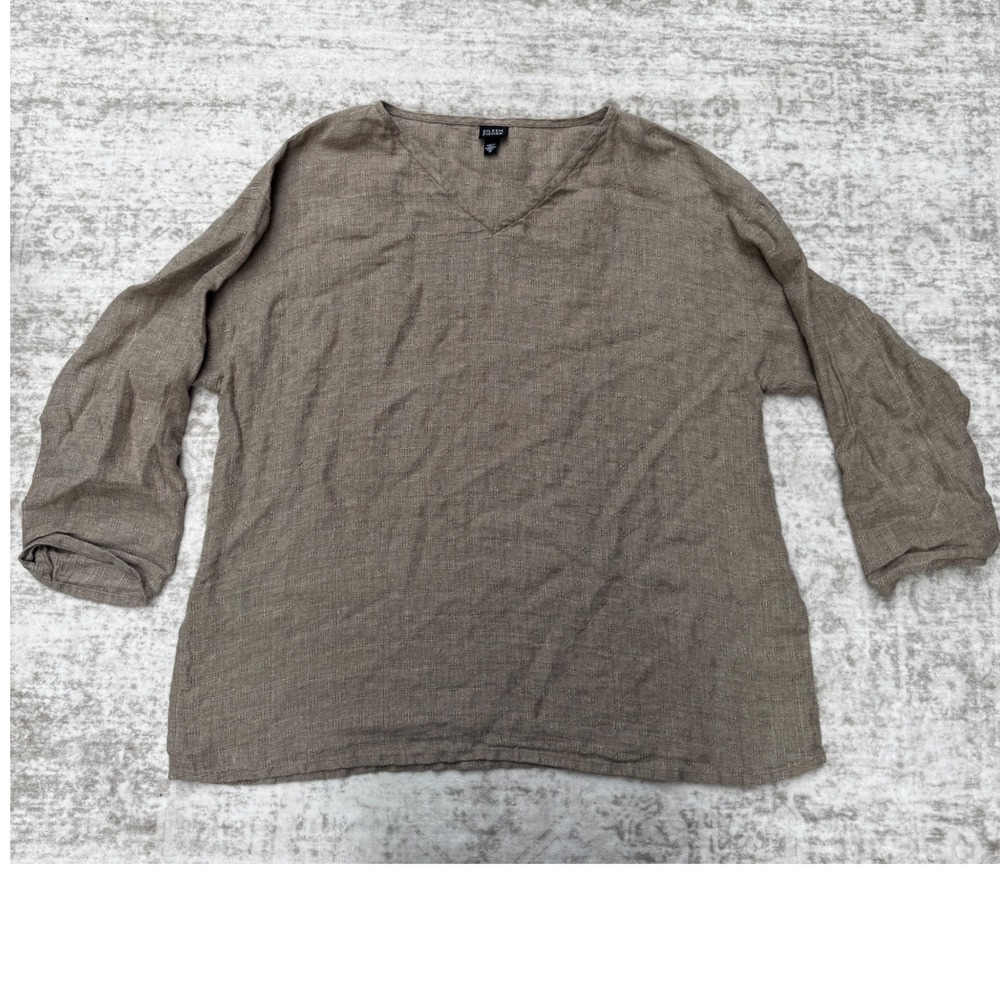 Eileen Fisher Womens Medium Taupe Textured 100% Linen V-Neck Tunic Top Size M